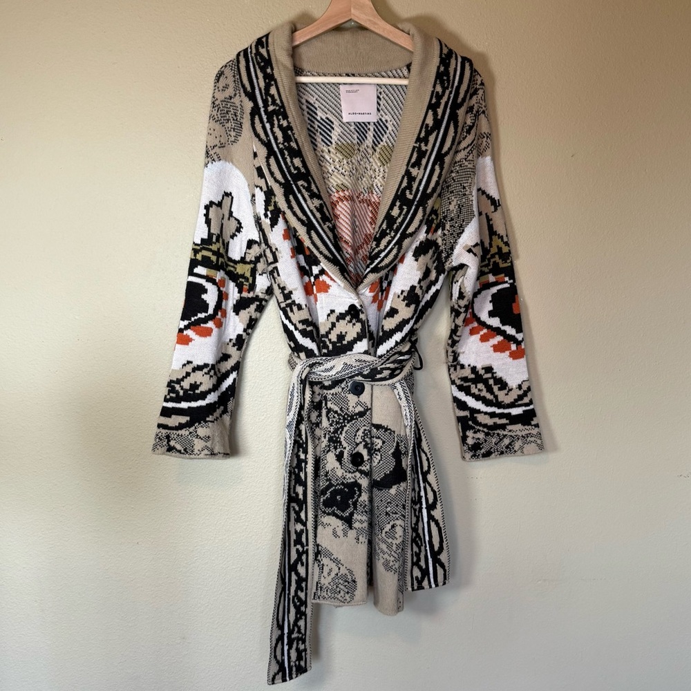 Aldo Martins Intarsia Knit Wool Button Front Sweater Cardigan Belted Size 8 - Picture 2 of 7